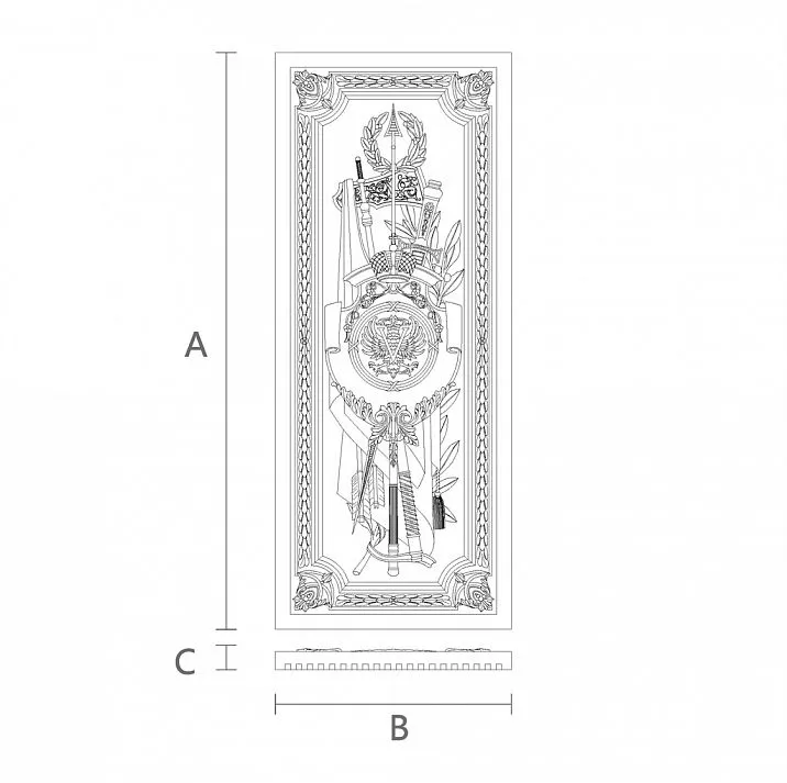 Decorative applique made of oak or beech wood with carved ornament in the shape of a coat of arms, drawing