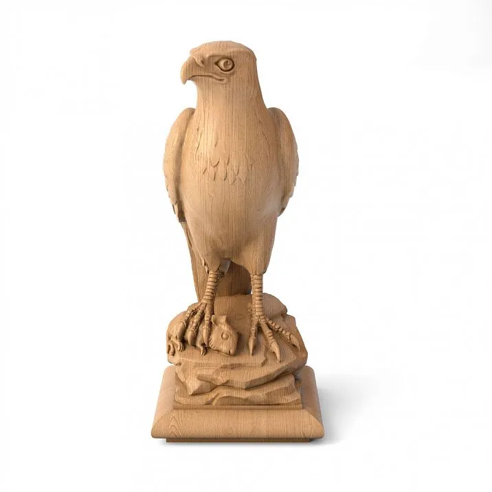 Newel cap on post L-105 with falcon &mdash; symbol of victory, protection, and freedom
