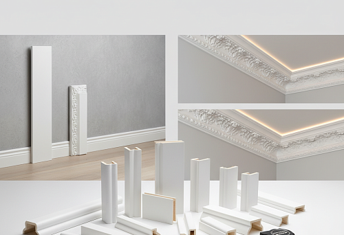 Floor and Ceiling Polystyrene Skirting Boards in Various Sizes and Shapes with Installation Elements and Decorative Details
