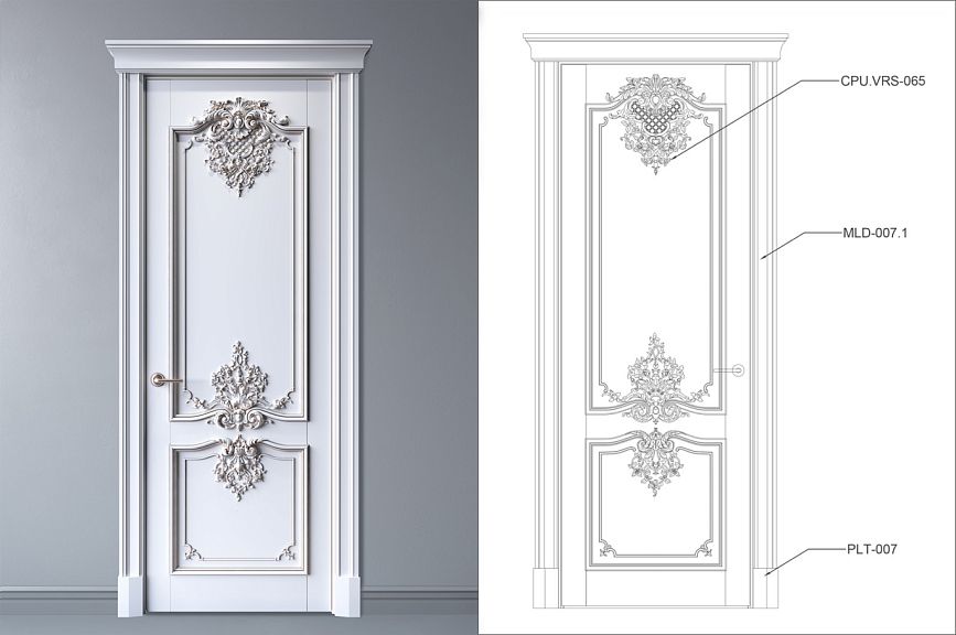 Classic carved door with luxurious moldings from STAVROS, with drawing