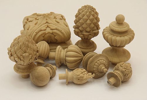 Wooden carved decorative elements of various shapes and styles, artistic carving for furniture and interior decoration