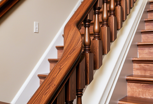 Staircase with handcrafted wooden balusters, example of an architectural masterpiece, building a baluster by hand