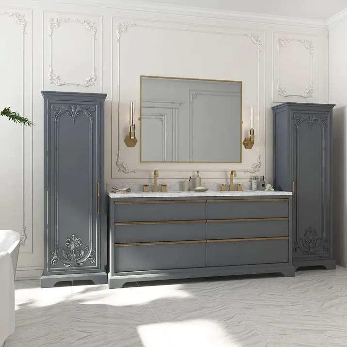 Настенное панно из полиуретанового молдинга STAVROS с круглым зеркалом с подсветкой — классический декор стены в оливково-сером цвете с угловыми орнаментами