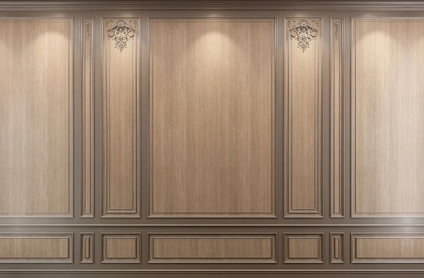 Interior with wall panels INT-024. Decoration made of natural wood with carved elements