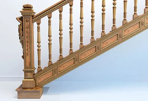 Elegant Wooden Staircase with Decorative Posts, Balusters, and Gold-Plated Elements