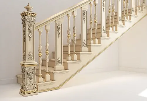 Carved wooden balusters with gold accents on the staircase in classical style.