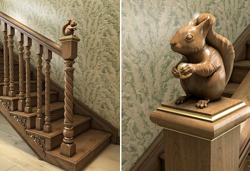Carved wooden balusters with a squirrel figurine on the staircase post, executed in a classical style.