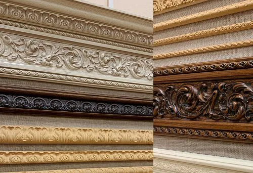 Wooden moldings with rich ornamentation &mdash; elegant accent in furniture decor.