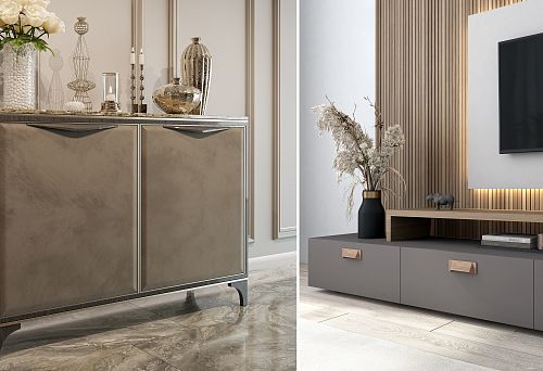 Modern Living Room 2025: Left &mdash; an elegant chest with decorative finish and metal legs