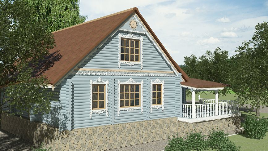 A light blue wooden house with white carved window casings and a stone foundation.