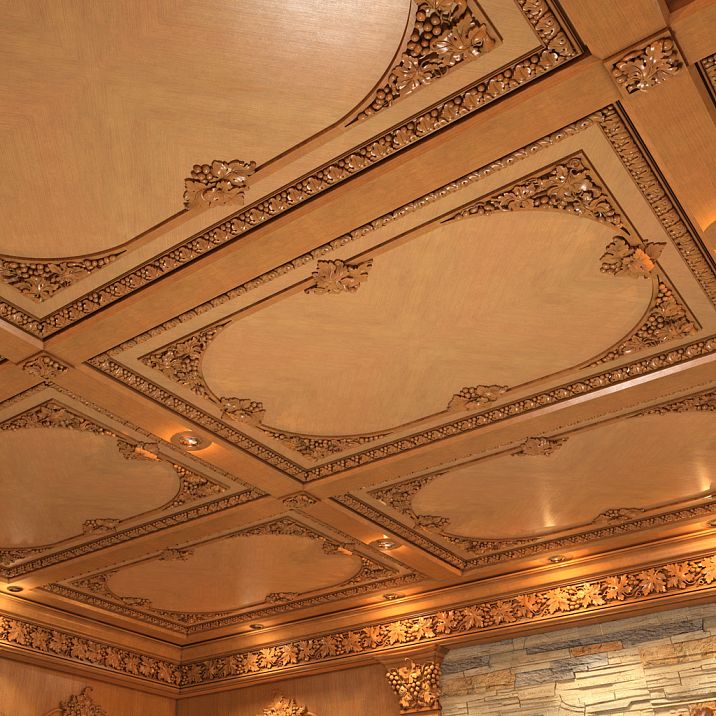 Интерьерное фото, оформление потолка резной розеткой R-067R коллекция Виноград