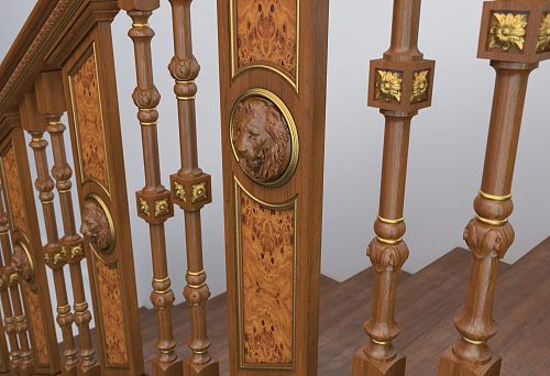 Wooden Stair Railing with Carved Posts, Decorative Inserts, and Lion Relief