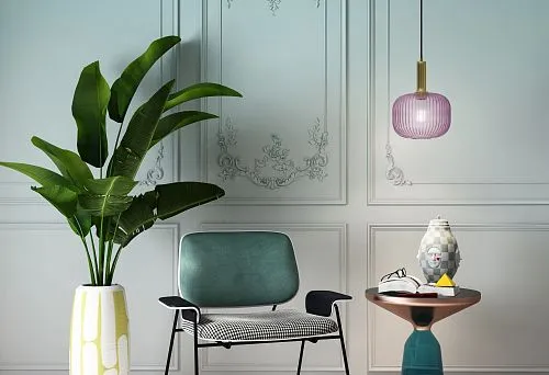 Elegant bedroom design with 3D wall decor and pastel tones.