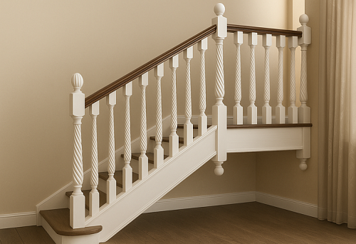 White wooden staircase with ornate balusters and contrasting dark handrails in a light classical interior