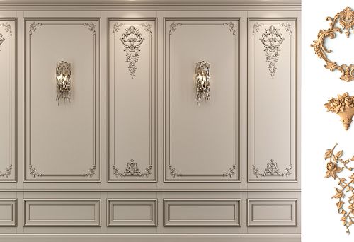 Classic decorative panels with carved ornamentation and elegant wall sconces for creating a luxurious restaurant ambiance