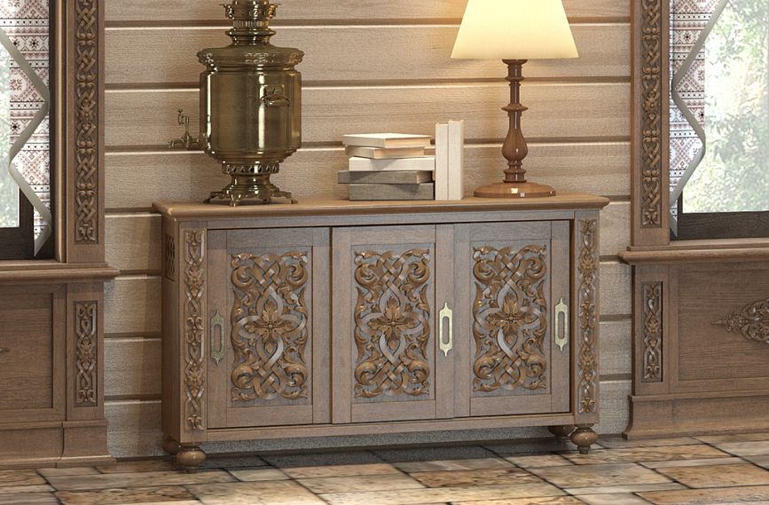 Chest of drawers KMD-047 with carved appliqu&eacute;s N-333, N-340 and legs MN-093 in classic style in interior.