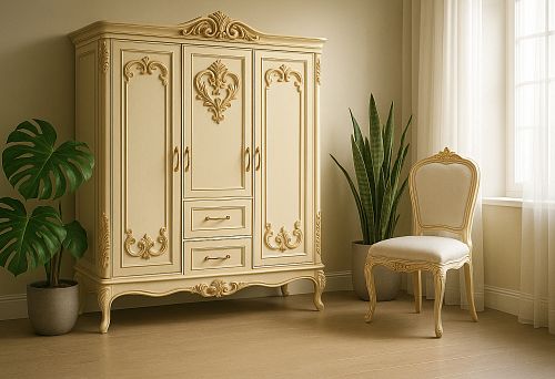 Classic wardrobe with elegant carved decoration and an elegant chair in the interior by the window with indoor plants