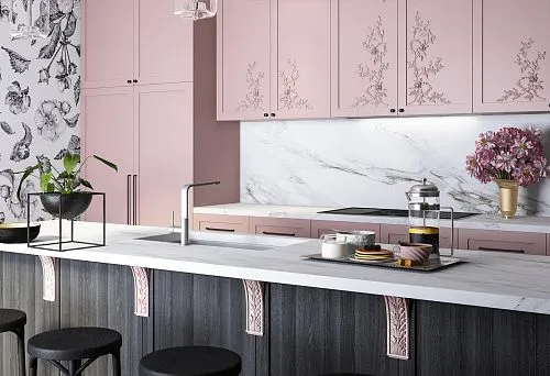 Beautiful wooden kitchen with pink facades, carved elements, and black furniture