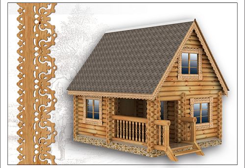 Carved wooden window casings and decorative window trim on the facade of a wooden house