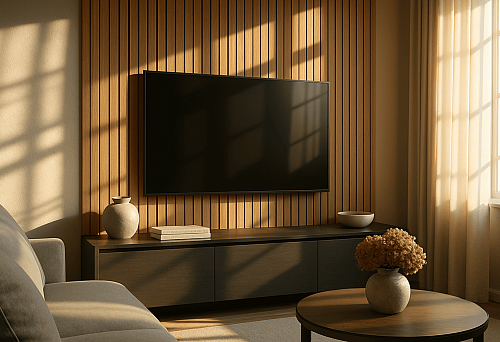 Modern living room with MDF panel with groove behind the TV