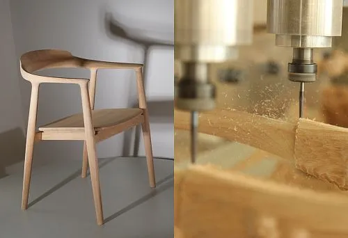 A woodworking machine processes a wooden blank, creating parts for durable and long-lasting furniture