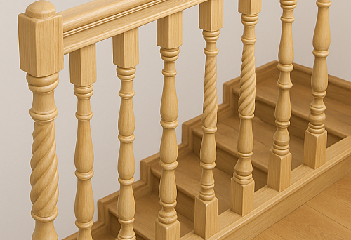 Light wooden balusters of classic shape on the staircase