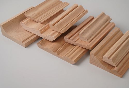 Set of decorative wooden strips with a cross-section of 20&times;20 mm and other sizes made from solid beech wood for interior wall, ceiling, and furniture finishing