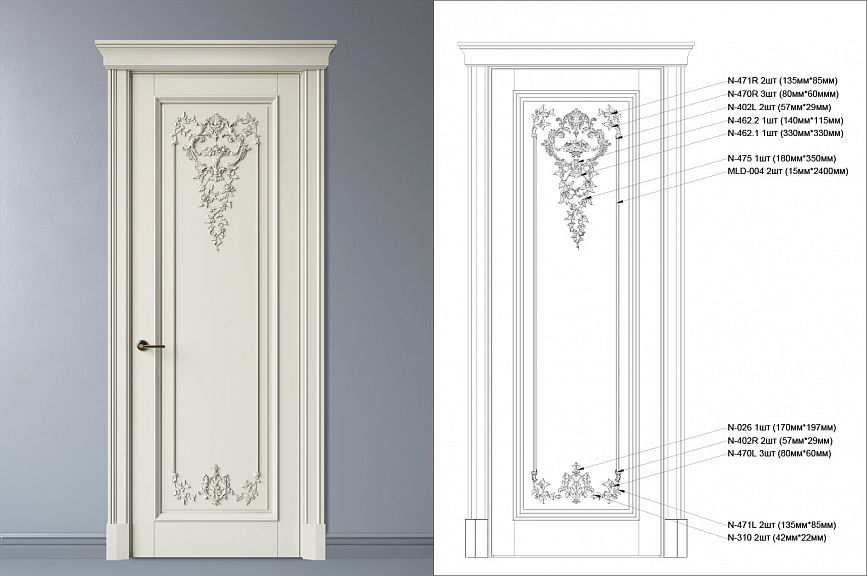 Carved door GRD-002: decorated with appliqu&eacute;s and molding according to a drawing