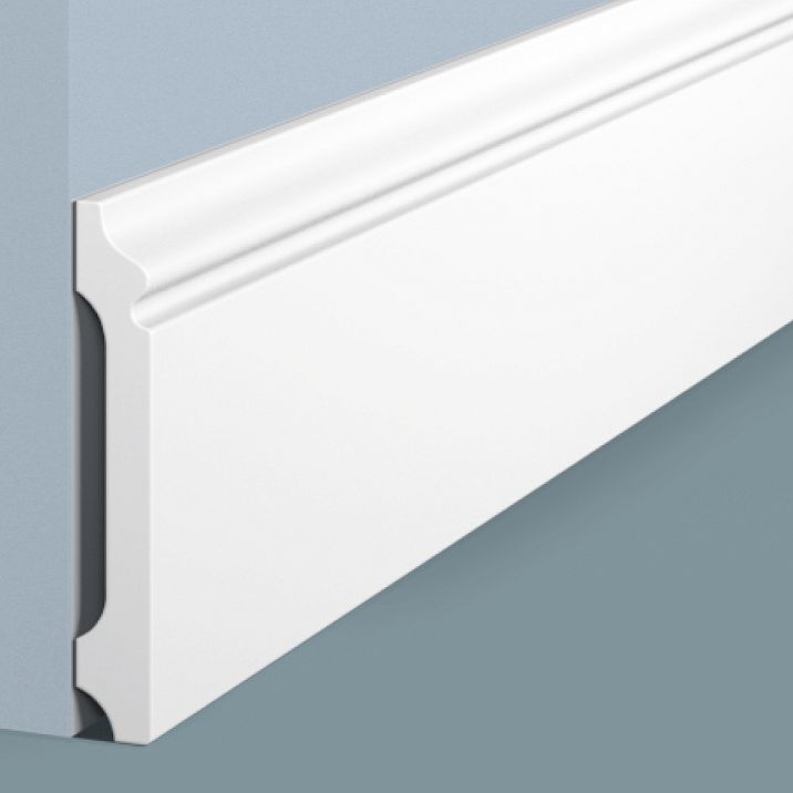 Baseboard B80A from polystyrene HI WOOD, 80 mm high and 12.5 mm thick, close-up