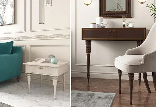 Furniture set with elegant wooden legs in a modern interior