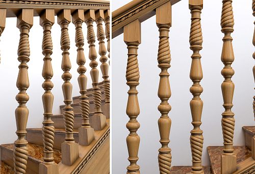 Stair railing with spiral-shaped wooden balusters and classic elements