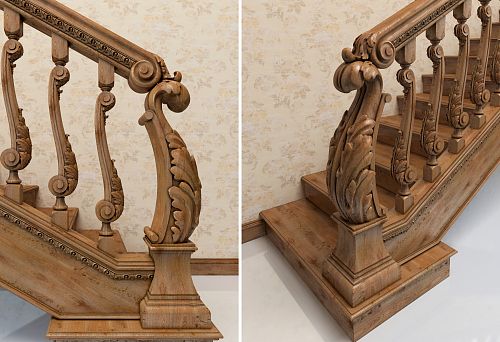 Staircase balustrade with carved wooden balusters and decorative finish.