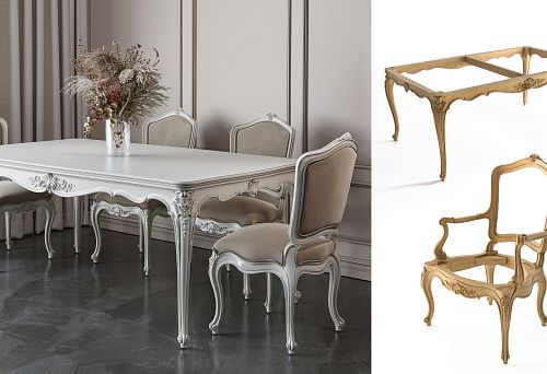 Carved dining table and chairs in solid wood in classic style