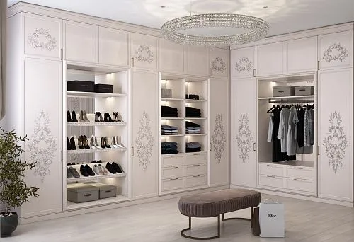 Elegant Solid Wood Cabinet with Decorative Carving in Wardrobe Room with Lighting