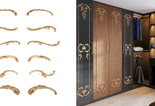 Set of carved furniture handles in classic style, wooden cabinet facades with lacquered finish and 3D decoration