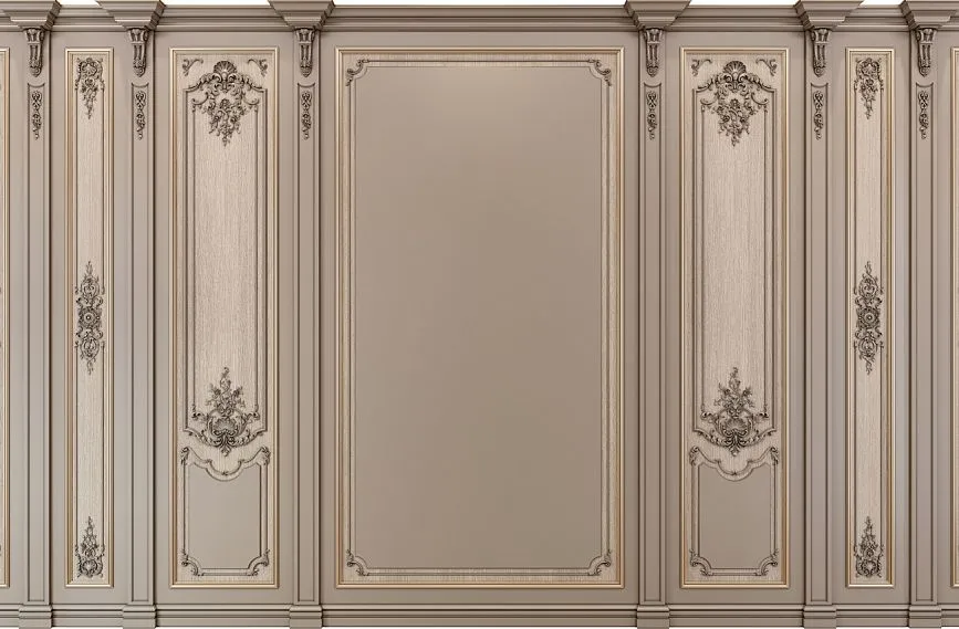 Elegant interior with wall panels INT-030. Decor made of natural wood with carved elements.