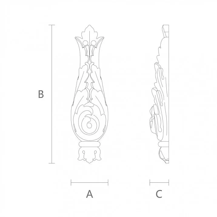 Деревянная накладка N-271 с резным цветочным орнаментом из дуба чертеж