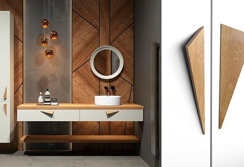 Modern bathroom interior with light-colored furniture and expressive geometric wooden handles
