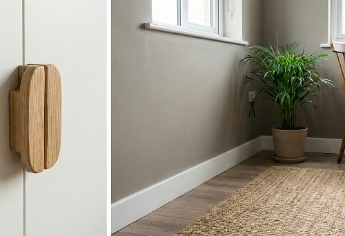 Деревянная мебельная ручка на светлом фасаде и белый плинтус МДФ в интерьере квартиры &mdash; эко-акценты в бюджетном ремонте.