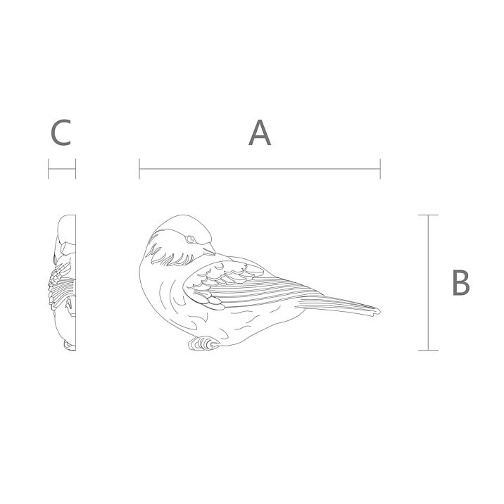 Decorative Applique NPU-497R &ndash; polyurethane applique in the shape of a bird, dimensions and diagram.