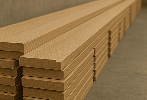 Wooden baseboards laid in a row on the warehouse in Novosibirsk