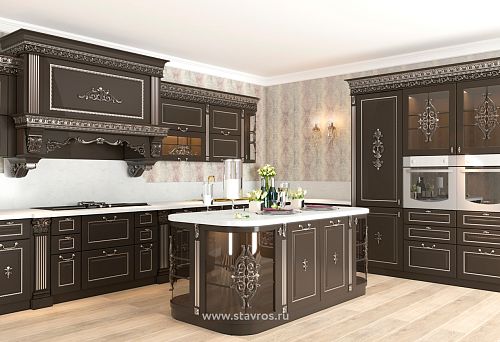 Modern dark-colored kitchen set with decorative elements and central island