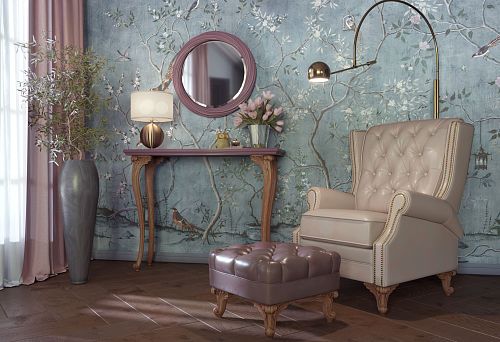 Elegant wooden shelf with carved elements, harmoniously integrated into modern interior with classic armchair