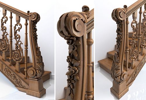 Классическое лестничное ограждение из массива с резными балясинами и декоративными элементами