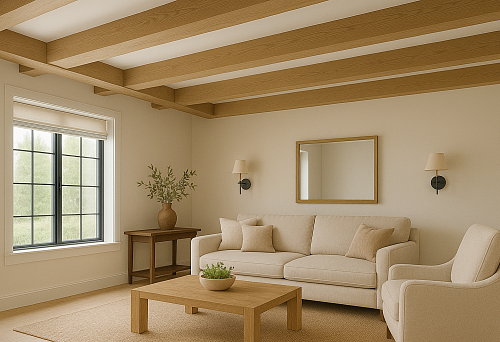 Modern living room in light tones with ceiling beams made of natural wood