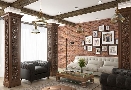 Wooden table with minimalist design in a cozy living room