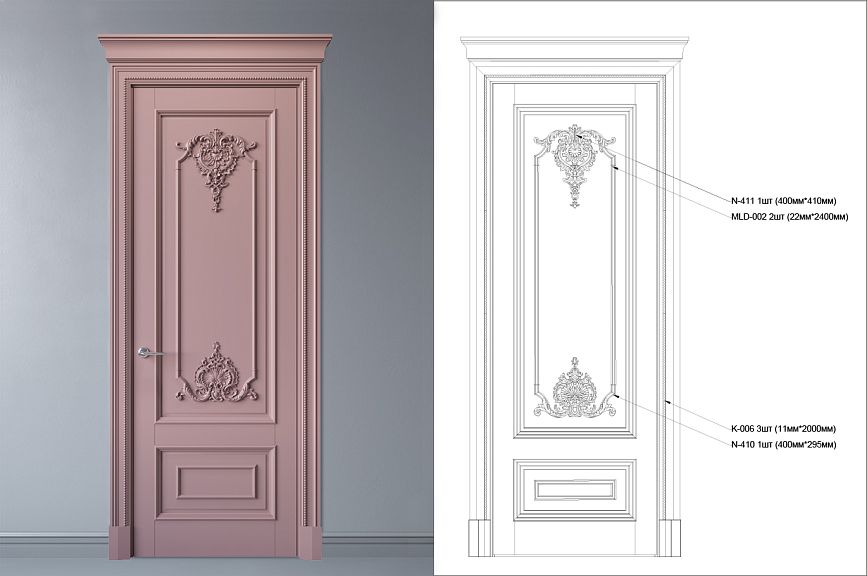 Pink classical door with decorative carving and drawing of decorative elements