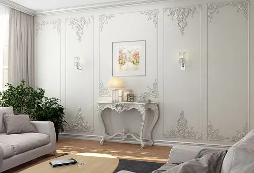 Bright living room with an elegant carved console table and soft sofas with wooden armrests