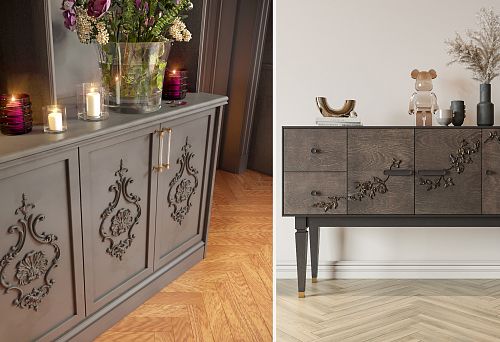 Modern dark chest with delicate metal branch decor.