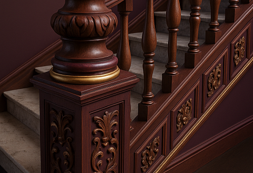 Elegant Wooden Column Base with Carved Floral Ornaments and Gold Accents